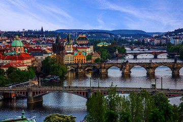 Prague, Czech Republic, bridges, city sunset panorama
