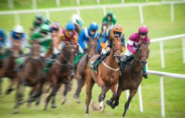 Horse race  galloping galloping around the corner motion blur effect