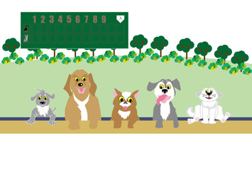 犬たちと野球のイラストのベースボールのポストカード