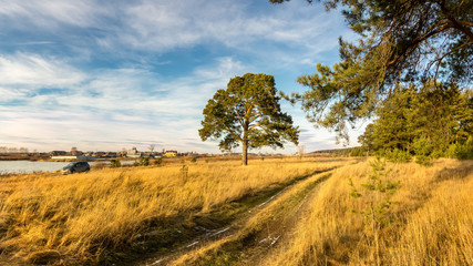 осенний пейзаж на реке с деревьями на берегу, Россия, Урал, ноябрь © 7ynp100