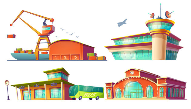 Set of colored 3d cartoon icons of bus station buildings, airport, sea or river cargo port, dock, isolated on white background. Concept of passenger and freight traffic.