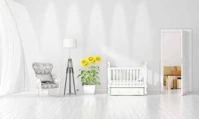 Modern interior design of nursery room in vogue with plant and copyspace in horizontal arrangement. 3D rendering.
