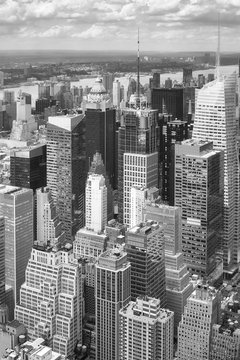 Black and white aerial picture of New York skyscrapers, USA.