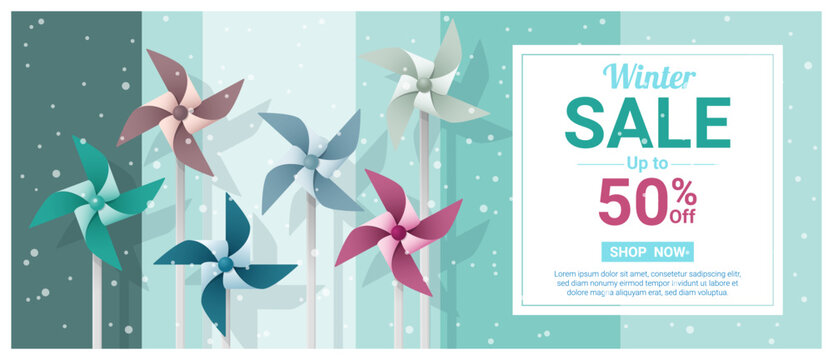 Winter sale banner with colorful pinwheels , vector , illustration