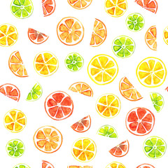 Watercolor hand drawn seamless pattern background sketch illustration of  slices of lemon, lime and grapefruit set isolated on white