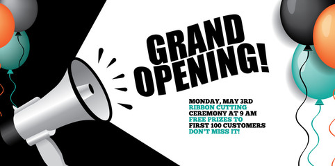 
Grand opening flyer, marketing or banner background template with fun balloons. EPS 10 vector.