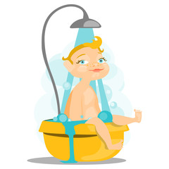 Adorable, cute baby in the bath with bubbles under the shower, water flow. Face with funny expression. Black (african-american) baby boy, child, kid. Bath time illustration. Cartoon, flat