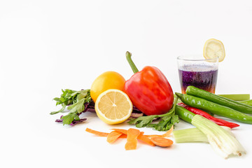 Healthy food natural organic vegetable with drink isolated on white for vegetarian diet concept.
