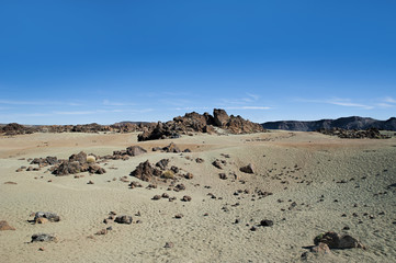 Fototapeta na wymiar Unusual, desert-like landscape, at Minas de San Jose, in Teide National Park, Tenerife, Canary Islands