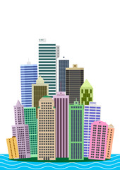 Cartoon picture of Manhattan island in new York city with various skyscrapers and buildings. Vector graphics templates. Panorama of the big city. Sticker or print