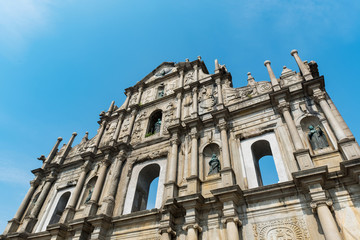 Fototapeta na wymiar Ruins of St. Paul's Church.One of Macau's best known landmarks. An officially listed as part of the Historic Centre of Macau, a UNESCO World Heritage Site.