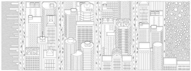 Cartoon banner web site with the panorama of Manhattan in new York. Contour black and white print . Top view, isometric. Vector graphics. Central Park - obrazy, fototapety, plakaty