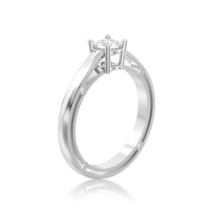 3D illustration white gold or silver decorative solitaire engagement diamond ring with reflection