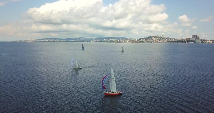 Aerial view of yachts taking part in Peter the Great Gulf Cup Regatta. Russia