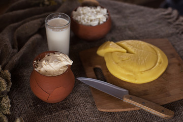 Organic milk cottage cheese and sour cream in vintage dish on rustic background