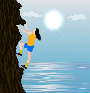 illustrazione vettoriale di ragazza che si arrampica su una montagna