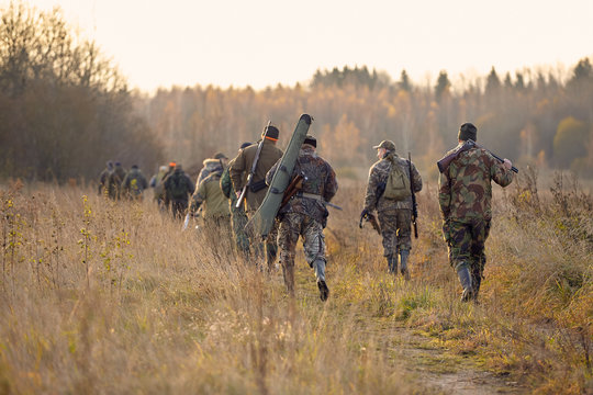 group of hunters during hunting in forest. chase hanting