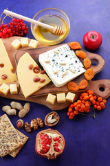 Various cheeses, apple, dried apricots, peanuts, walnuts, pears, berries, honey, jam, cheese with a mold on a wooden board in the style of pop art and retro style, Christmas cheese