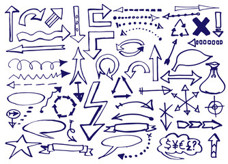 Marker pen written vector shapes. Highlight hand written arrows, lines and signs isolated on white background. Vector illustration. Set of sketches doodle ready for your business.