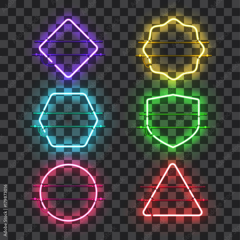 Wall mural set of realistic glowing neon frames of different colors isolated on transparent background. shining