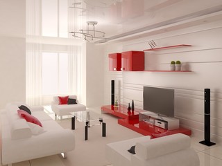 A stylish living room with stylish red furniture and a modern home cinema.