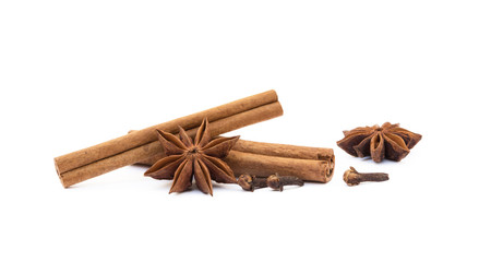  Star anise, cloves and cinnamon isolated on white background