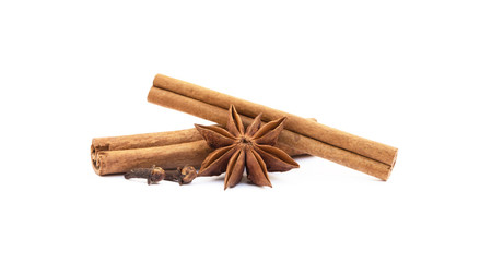  Star anise, cloves and cinnamon isolated on white background