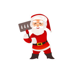 Funny Santa Claus in glasses holding Christmas sign, plate, board, flat cartoon vector illustration isolated on white background. Smiling Santa Claus character holding Christmas sign, plate, board