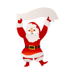 Funny Santa Claus in glasses holding blank, empty banner, poster above his head, flat cartoon vector illustration isolated on white background. Santa Claus holding empty banner with place for text