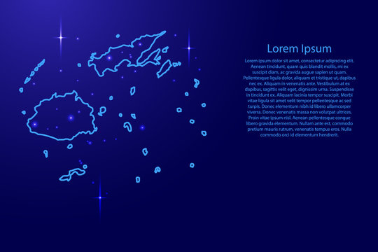 Map Fiji from the contours network blue, luminous space stars for banner, poster, greeting card, of vector illustration