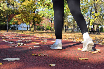 Fototapeta premium Recreation in the park during fall season - jogging and walking