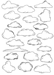 Set of clouds hand drawn. Background with clouds sketches. Hand drawn sky. Vector illustration.