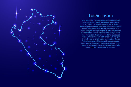 Map Peru from the contours network blue, luminous space stars for banner, poster, greeting card, of vector illustration