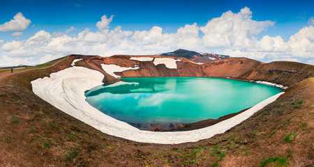 Colorful summer panorama of crater pool of Krafla volcano