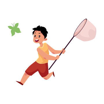 vector flat cartoon funny teen boy child at meadow catching butterflies with net. Kids at countryside concept. Isolated illustration on a white background.