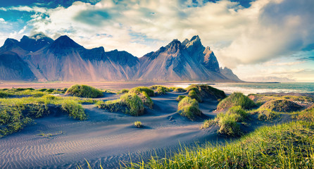 Black sand dunes on the Stokksnes headland on southeastern Icelandic coast.
