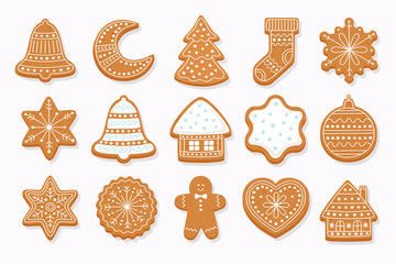 Big set Christmas gingerbread: gingerbread houses, crescent, gingerbread man, snowflakes, sock, Christmas tree, bell, star, new year's ball on light background. Vector illustration.