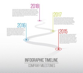 Creative vector illustration of company milestones timeline. Template with pointers. Curved road line art design with information placeholders. Abstract concept graphic element. History chart.