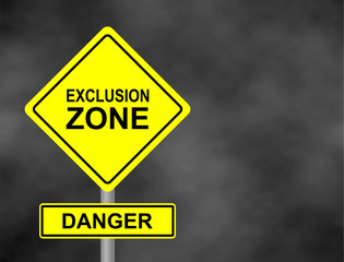 Background of dark GREY sky with cumulus clouds and yellow road sign with text Danger Exclusion Zone. Vector illustration.
