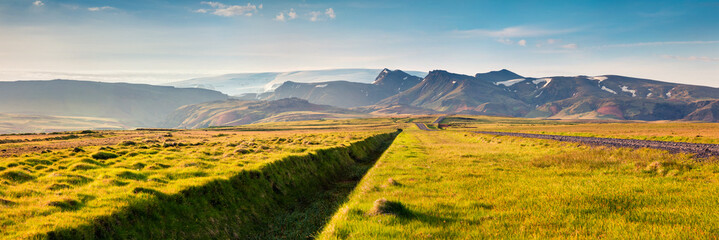 Panorama of the typical icelandic landscape with volcanic mountains