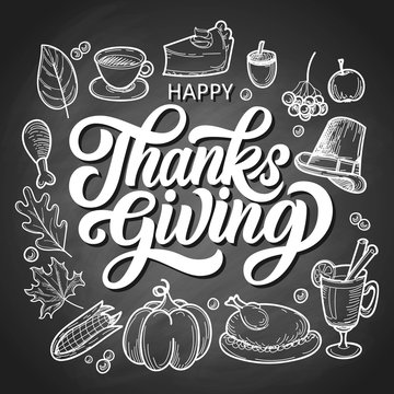 Happy thanksgiving brush hand lettering with food doodles on black chalkboard background. Calligraphy vector illustration. Can be used for holiday design.