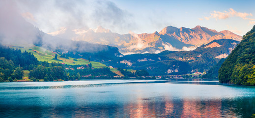 Panoramic view of Lungerersee lake.