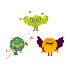 Funny broccoli, orange and watermelon hero, superhero character, guard, flat style cartoon vector illustrations isolated on white background. Athlete broccoli, ninja watermelon, superhero orange