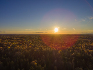 Aerial view Beautiful sunset over the forest