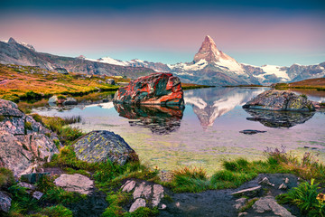 Colorful summer view of the Stellisee lake.