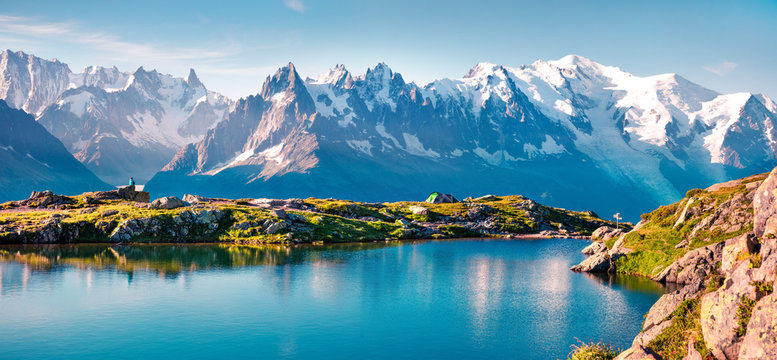 Colorful summer panorama of the Lac Blanc lake with Mont Blanc (Monte Bianco) on background, Chamonix location