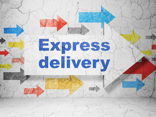 Finance concept:  arrow with Express Delivery on grunge textured concrete wall background, 3D rendering