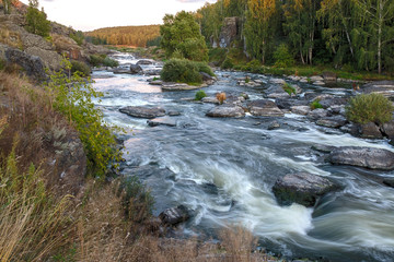 rapid river runs over the rocks among the woods