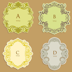 Set vector label, vintage frame for an inscription, calligraphic ornament, template to cut paper, space for images or lettering, 3D effect.