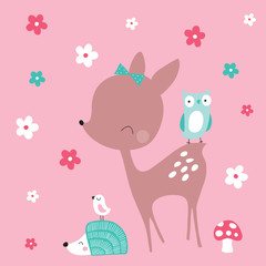 cute deer with hedgehog and birds vector illustration